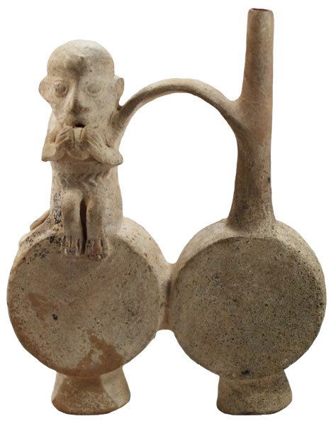 Monkey Whistle Bottle. Peru. Pictured. Perino P: Rare 8” Monkey Whistle Bottle. Solid, original condition. Chancay (Peru). Ex-Fitzgerald. Pictured in April 2005 Jack Roberts Sale Catalog. Circa 900AD. Perino Paper