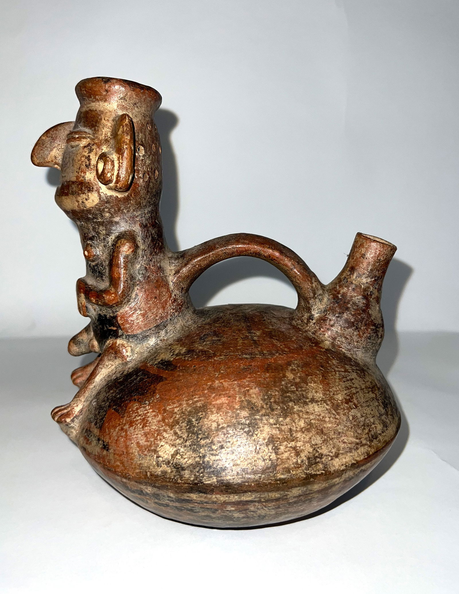 8 3/4" Vicus Compound Human Whistle Stirrup Bottle.  Ex-Burton/Teubner Estate (1 of 5)