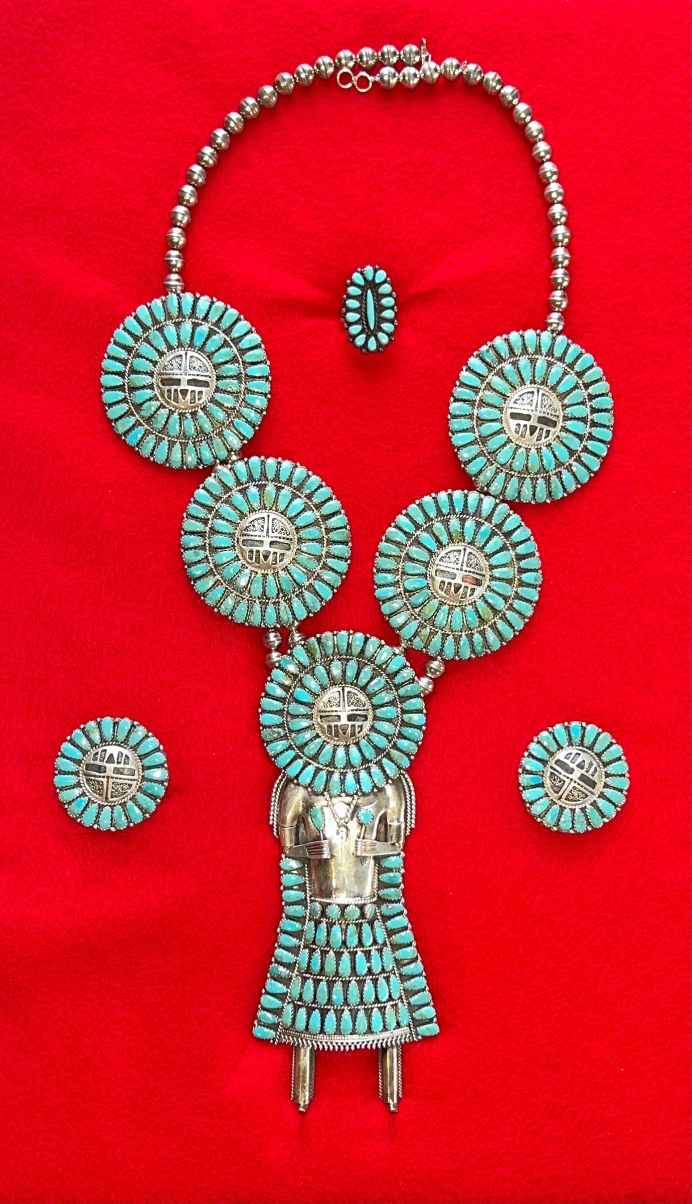 14 1/2" Turquoise and Silver Necklace, 2 Earrings and a ring.  Ex-Dale Rector. (1 of 2)