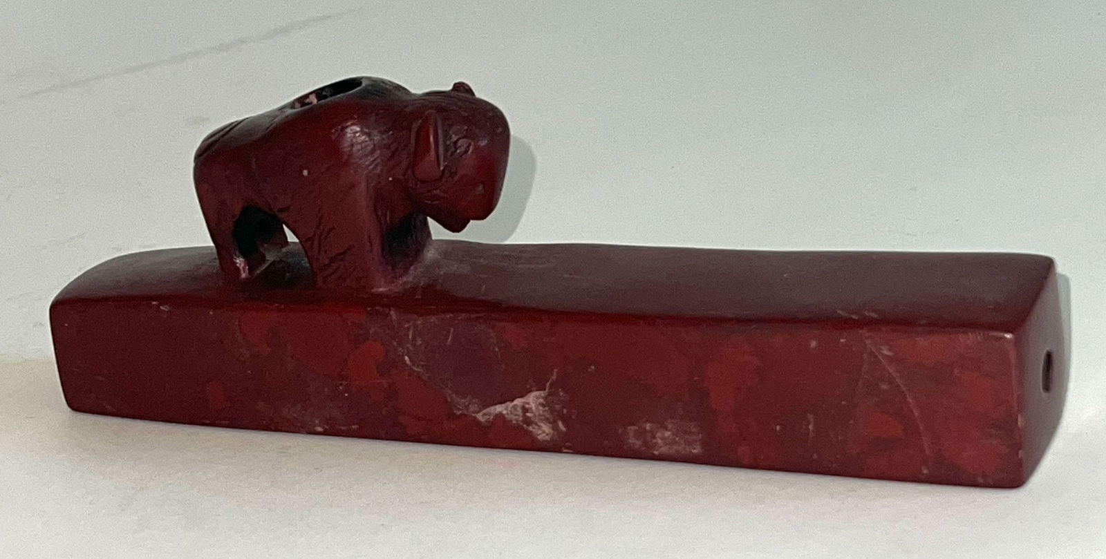 7 7/16" Catlinite Pipe with Standing Buffalo Effigy.  Ex-David Cunningham. (1 of 3)