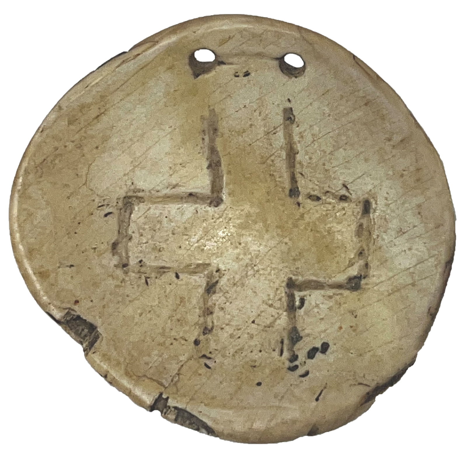 2 3/4" Shell Gorget.  Engraved with a cross. TN. Pictured WW# 11. Ex Dale Rector. (1 of 5)