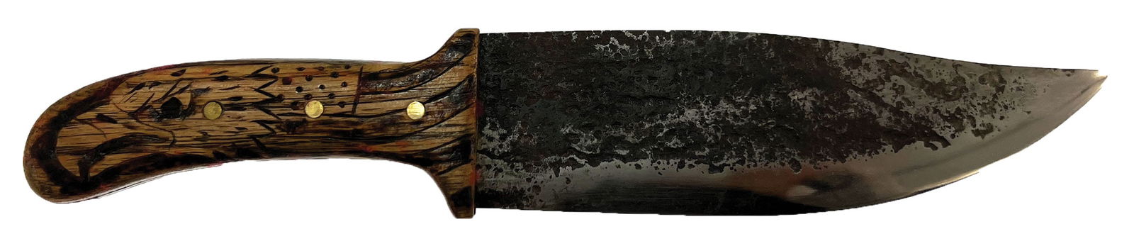 10 3/4" Handmade Knife. Wooden with engravings. Ex Dale Rector.: 10 3/4" Handmade Knife. Wooden handle with engraving. Ex Dale Rector Collection.