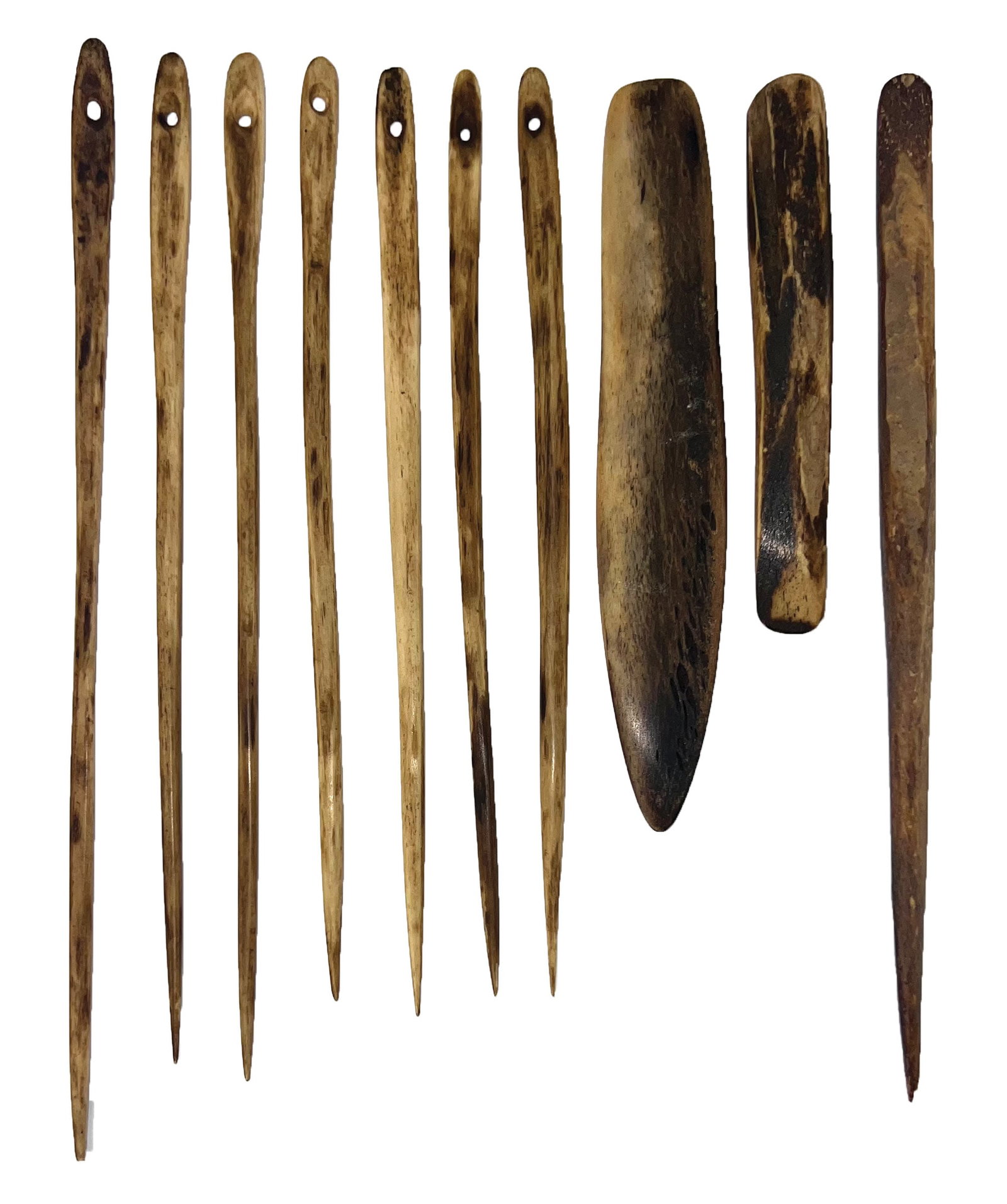 7 Bone Needles and 3 Chisels. Ex Susan Cunningham.: 7 Bone Needles and 3 Chisels. (3 3/4” to 7 5/8”). Ex Susan Cunningham.
