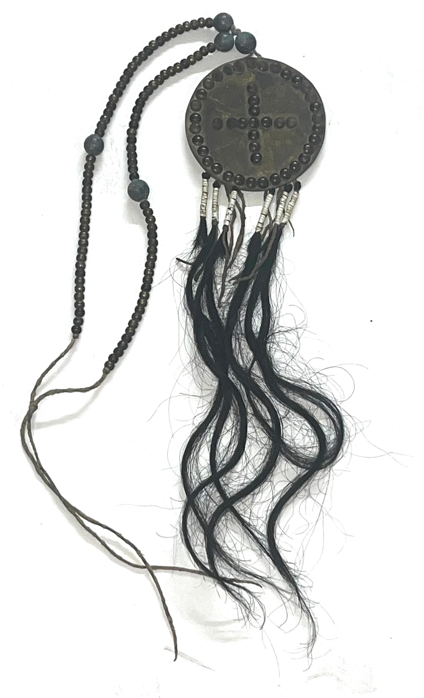 29" Leather necklace with brass beads. Ex David Carbaugh and Dale Rector.: 29" Leather necklace with brass beads and what looks like 5 lead beads with horse hair fringe. Ex David Carbaugh and Dale Rector.