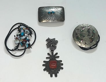 Variety of Silver Ties, Pendant and Buckles. Ex Dale Rector.
