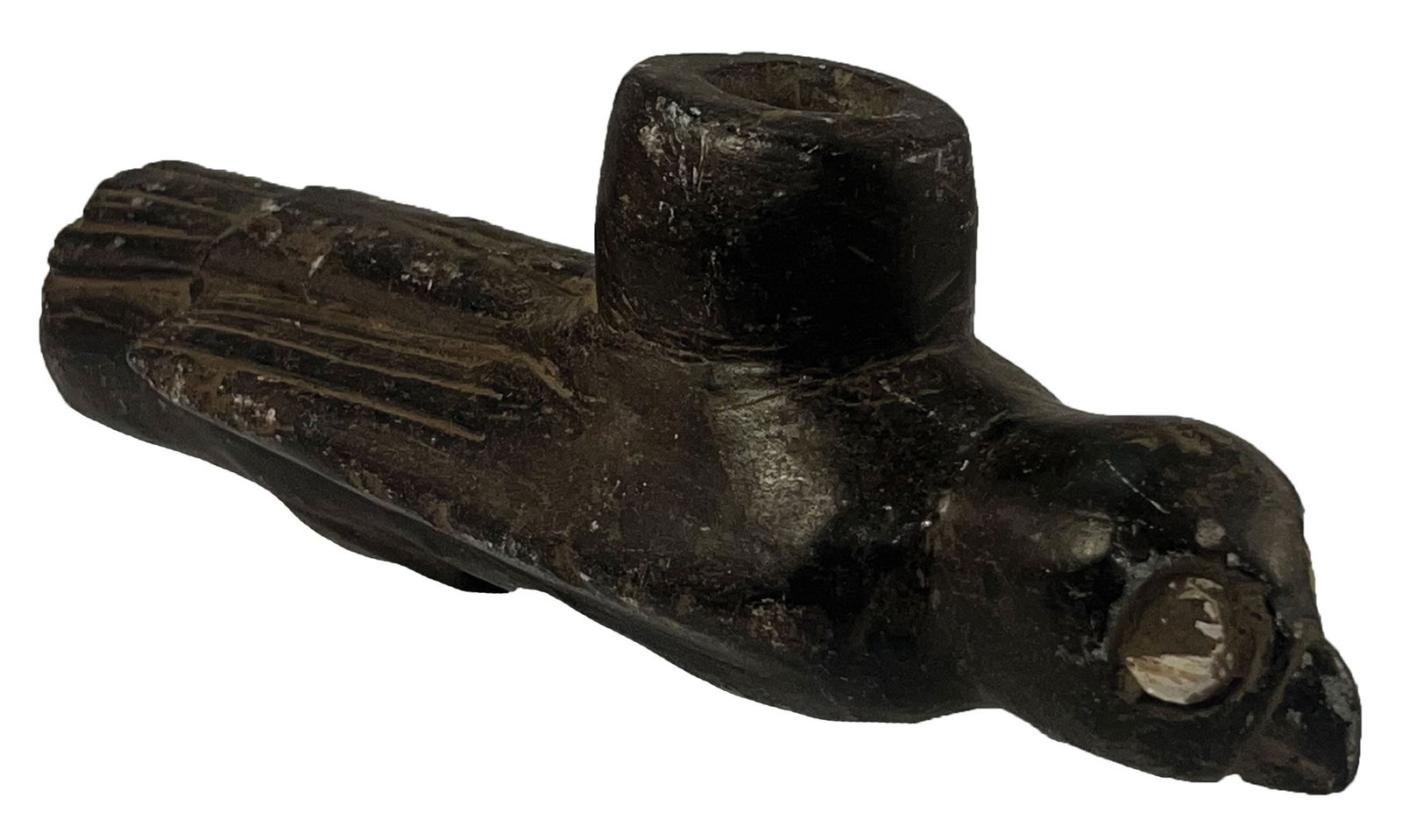 8" Cherokee Bird Pipe. Ex Gary Cuckler and Kim Augur.: 8" Cherokee Bird Pipe. Steatite with inlaid shell eyes. Highly developed example with detailed features. Early Tourist Trade. Ex Gary Cuckler and Kim Augur.