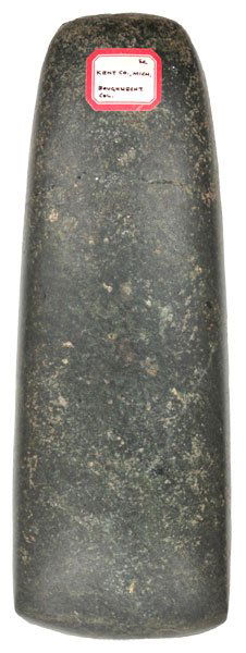 Large Hopewell Celt. MI. Ex-Stroud, Tully, Curtis: 87. 10 1/4” Hopewell Celt. Kent Co, MI. Well polished black hardstone. Ex-Stroud, Red Tully, EE Curtis (has tag).