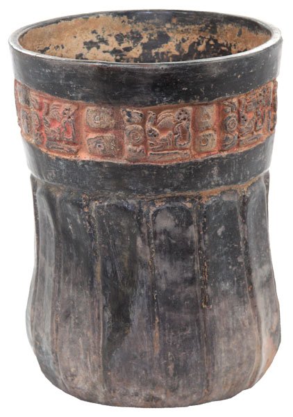 Late Mayan Vase. Scalloped with Glyphs: 92. Super Late Mayan Vase with scalloped finish and glyphs. One piece glued, otherwise solid. Maffenbeier