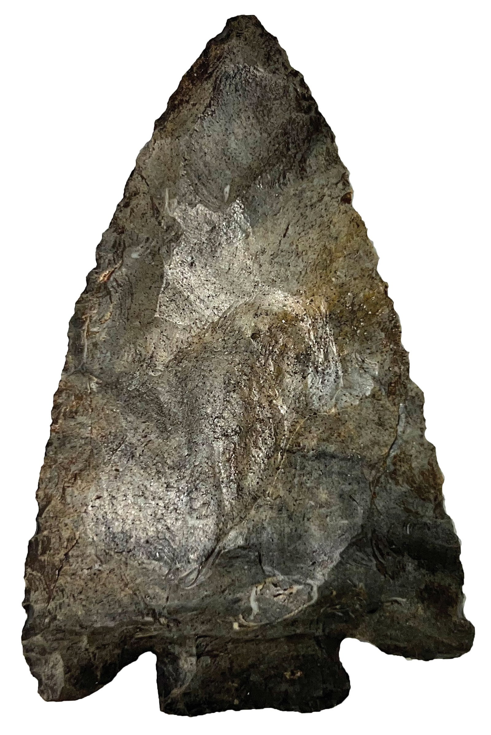 3 3/8" Decatur. Large and thin. Ex Stroud. Partain, Motley COA's.: 3 3/8" Decatur. Heavily Patinated Winterset Chert. Large and thin showing wonderful use wear. Ex Dan Stroud, Mitch Lewis and Nick Gatsas. Partain and Motley COA's.