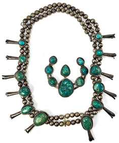 28" Sterling & 9" Turquoise beads Squash Blossom Necklace.