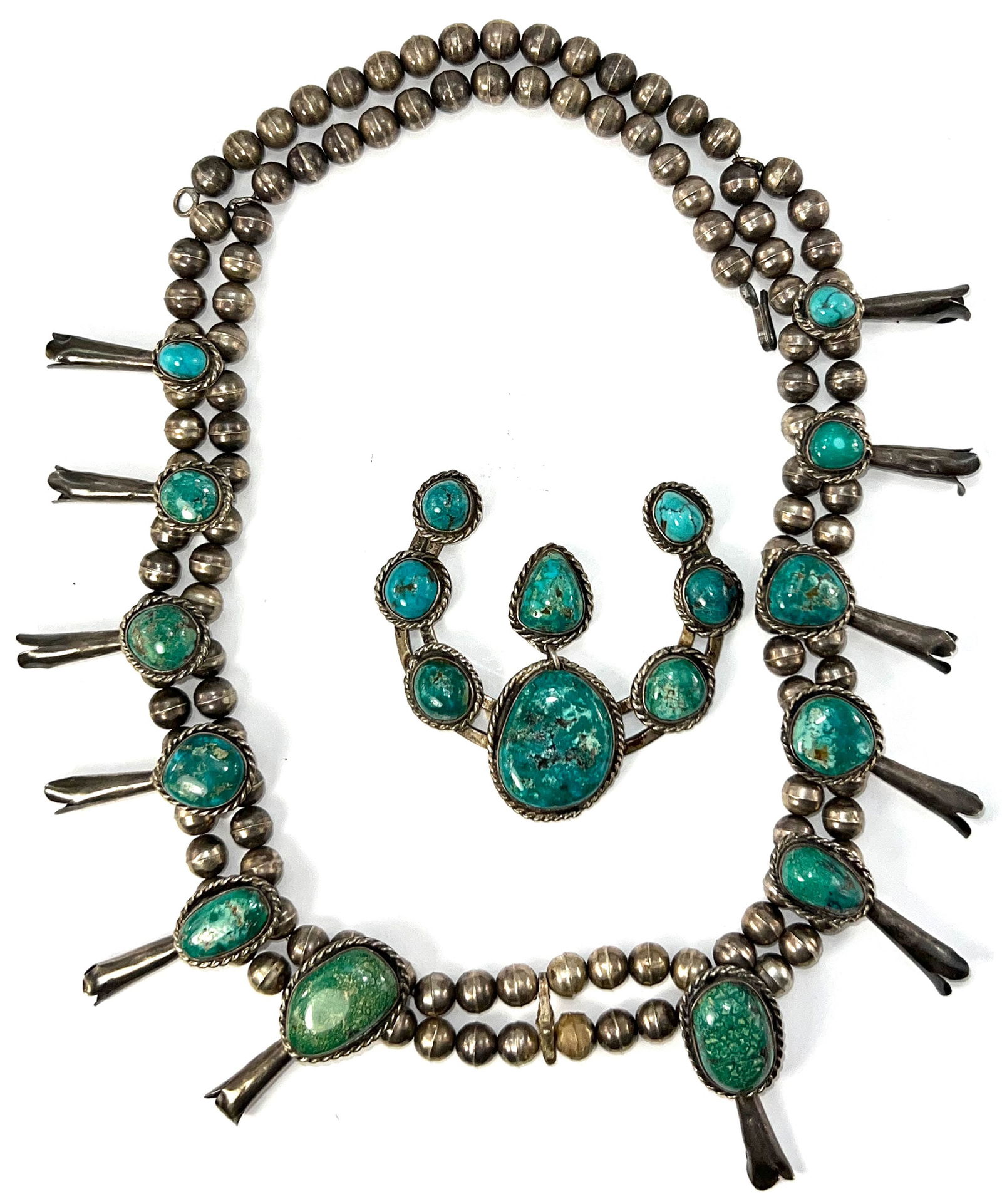 28" Sterling & 9" Turquoise beads Squash Blossom Necklace. (1 of 8)