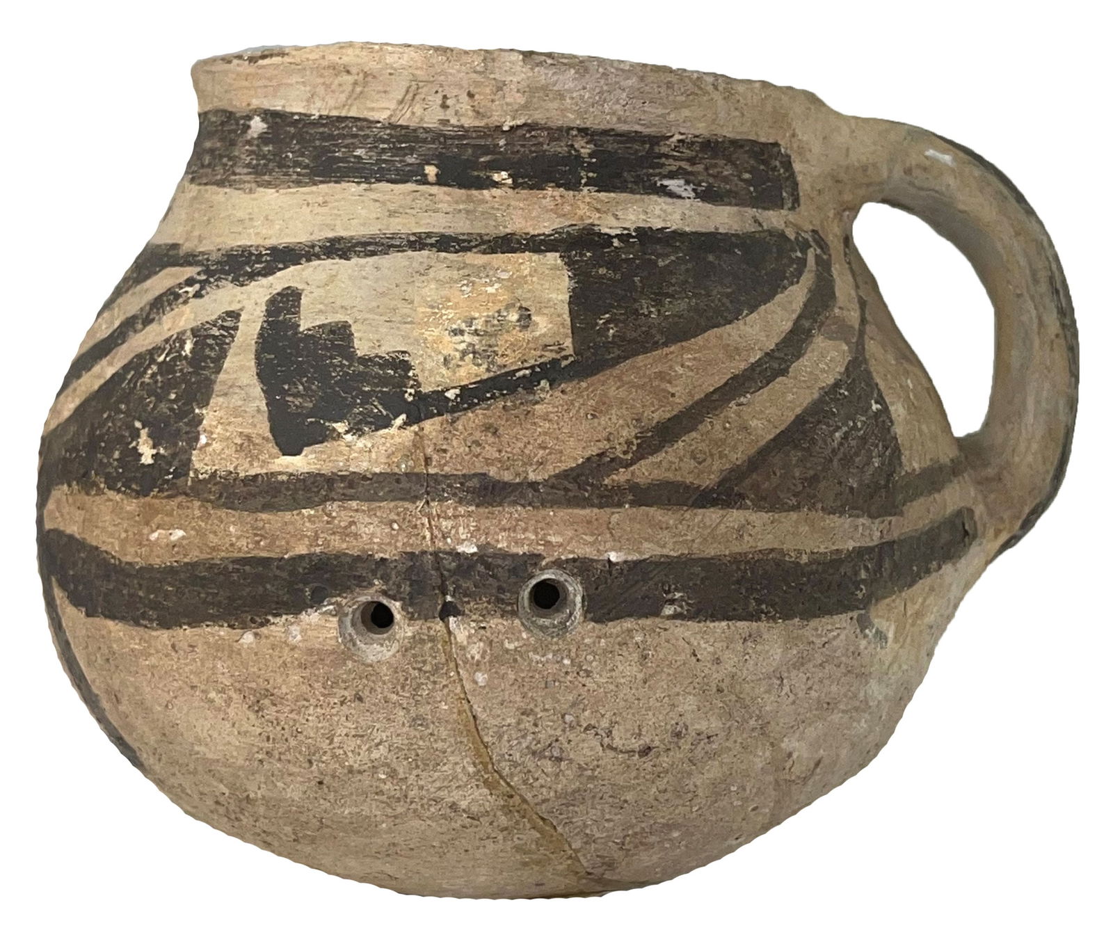 4 1/2" McElmo Style Black and White Strap Handle Cup. Ex Steve Switzer. (1 of 6)