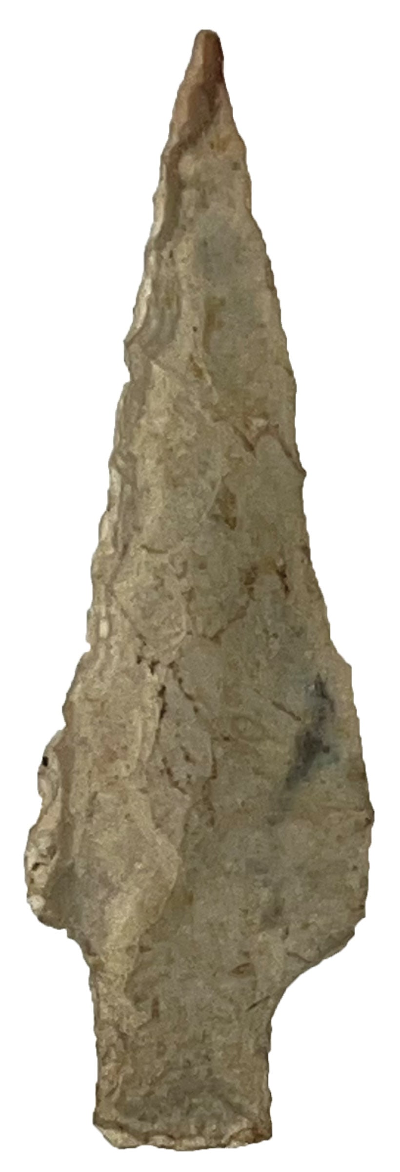 3 9/16” Nolan. Edwards Chert. Texas. Ex David Bogle. Partain COA.: 3 9/16” Nolan. White Patinated Edwards Chert. Coryell County, Texas. Recovered by Don Screws. Ex Don Screws, Wallace Culpepper, Jim Ferrell, David Bogle and Kent Hollbaugh. Partain COA.