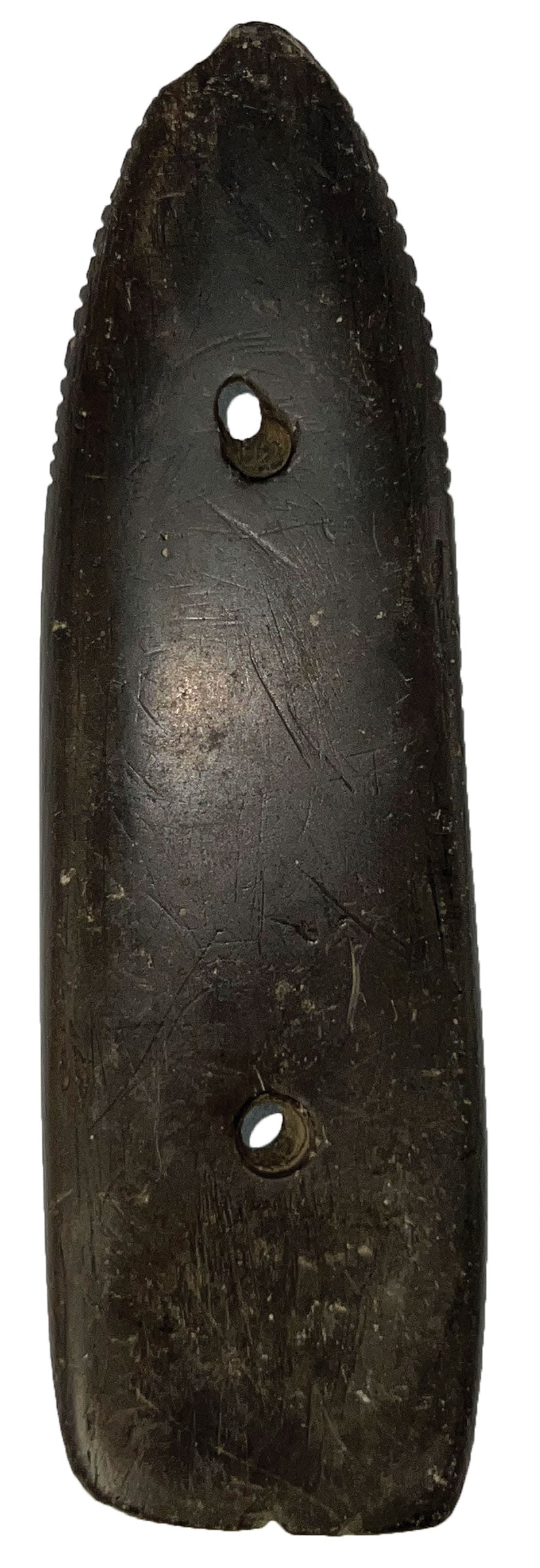 5 7/16” Tallied Gorget. Pennsylvania. Ex Richard Tebbs.: 5 7/16” Tallied Gorget. Nice Example. Pennsylvania. Ex Richard Tebbs.