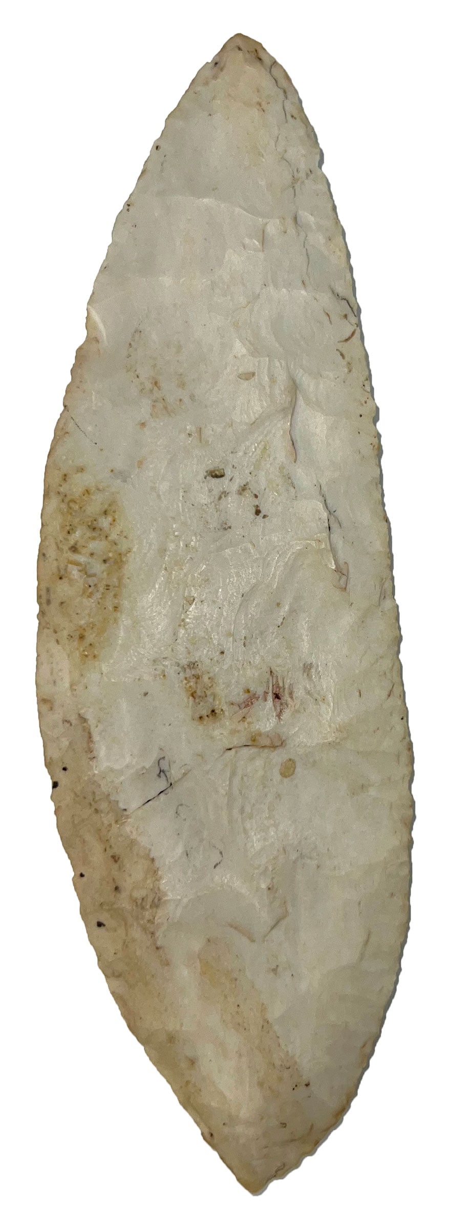 5 15/16" Ovoid Knife. Burlington Chert. Illinois. Keele COA.: 5 15/16" Ovoid Knife. Burlington Chert. Shows good patination and use wear. LaSalle County, Illinois. Ex Ray Arnett. Keele COA.