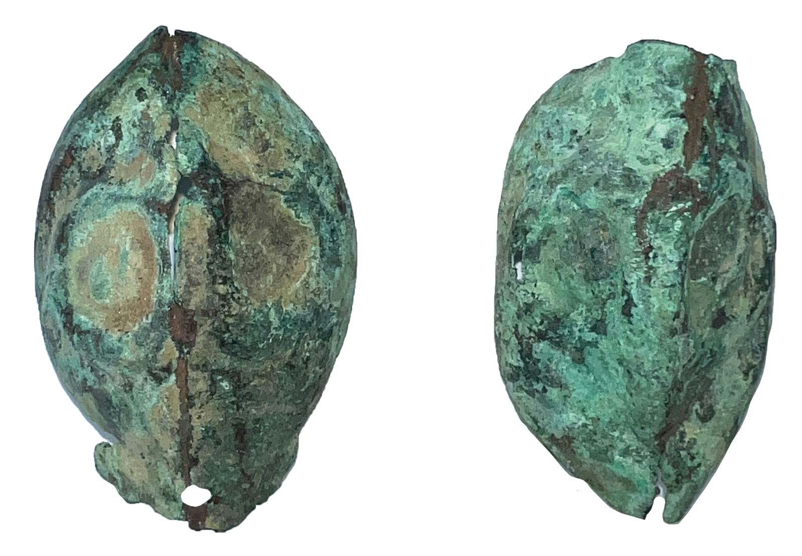 2 Copper Effigy Earrings. 2". Inca culture. Ex John Grotte. Motley COA. (1 of 3)