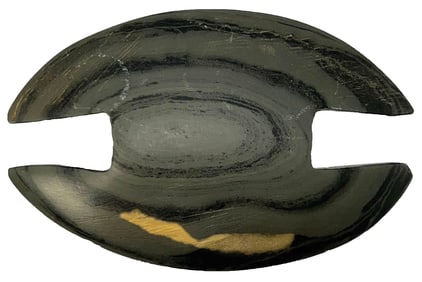 4 1/2" Notched Ovate. Slate. Has a nice worm mark.  Ex Wally Zollman.