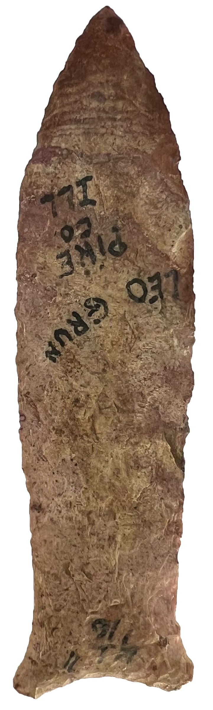 4" Pike County Dalton. Harvester Red Chert. Ex Leo Grun and Nick Gatses.: 4" Pike County Dalton. Made of Harvester Red Chert. Unknown Provenience. Ex Leo Grun and Nick Gatses Collections.