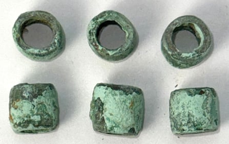 6 Hopewell Copper Beads. Ross County, Ohio. 3/8" to 7/8". Ex Ken Blake.