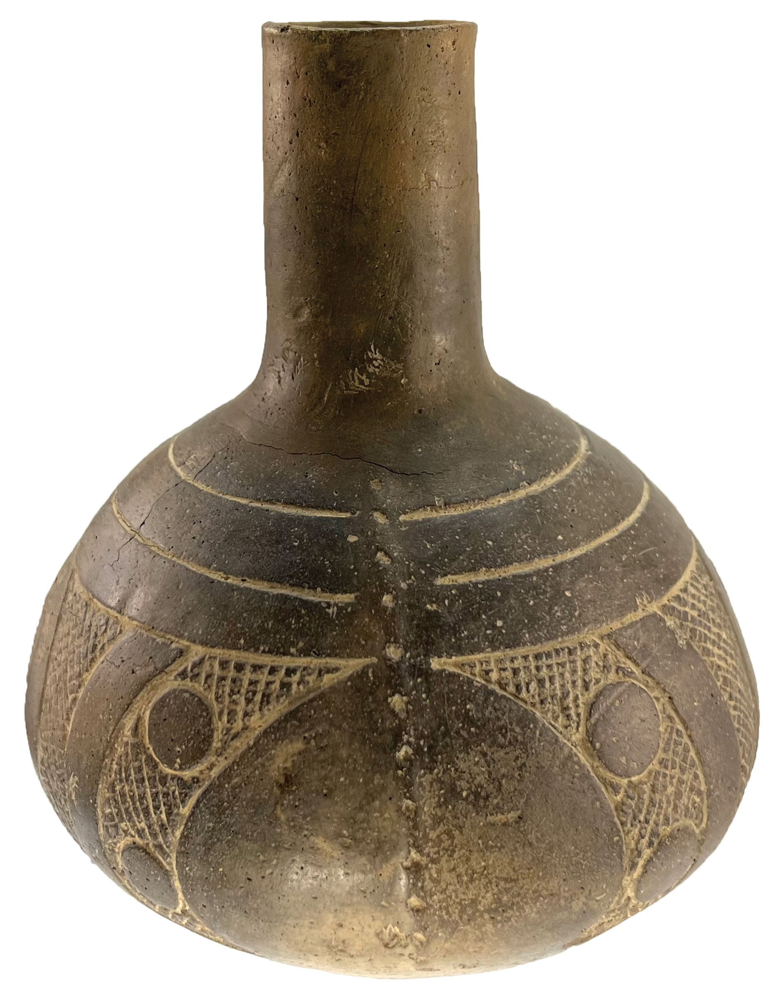 7 3/8” Caddo Hodges Encised Bottle. AR. Minor Repaired to Neck. Ex Daniel Wolf.: 7 3/8” T. Caddo Hodges Encised Bottle. Found along the Dutch Creek above Danville, Yell County, AR. Minor Repaired to Neck with Minimal Filler. Ex Daniel Wolf.
