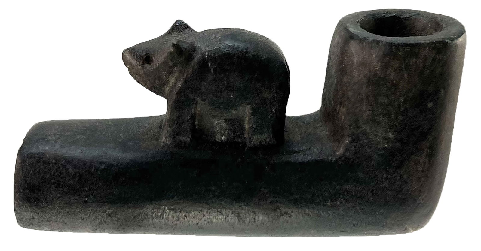 3 3/4” L. with a 1 3/4” T. bowl. Early Cherokee Bear Effigy Elbow Pipe. Ex Noakes. (1 of 6)