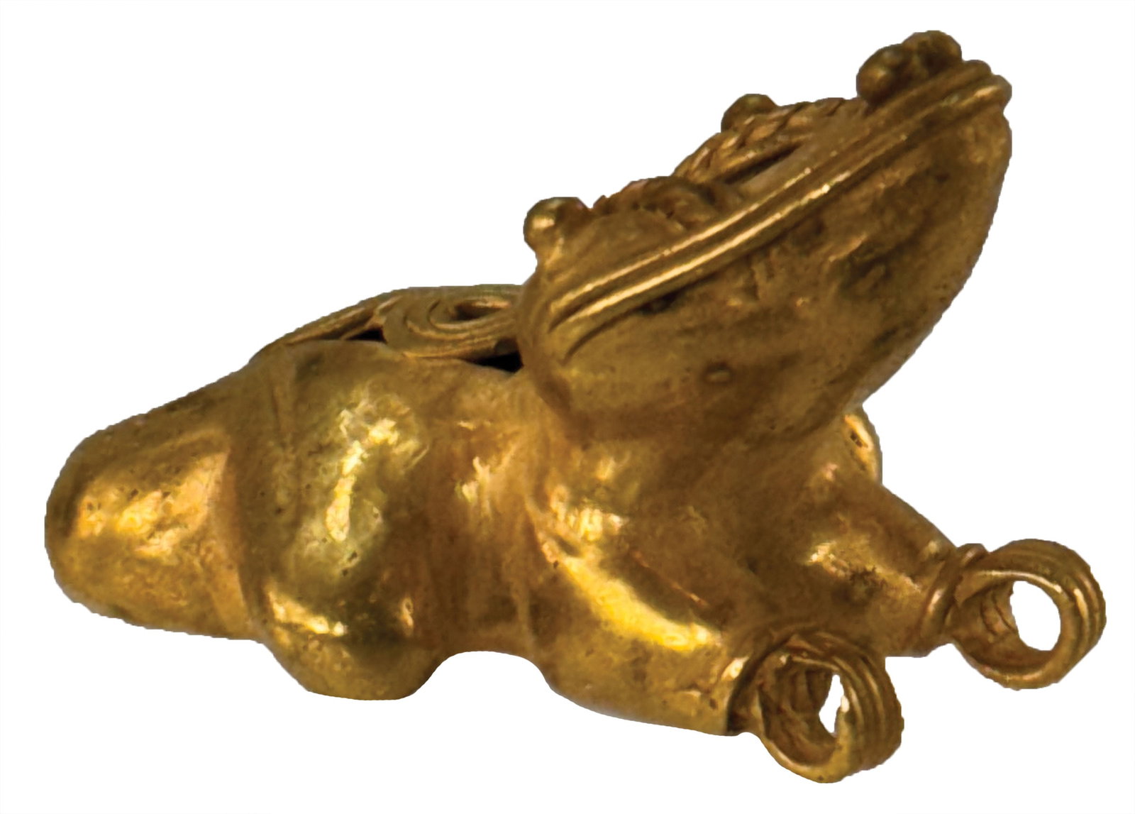 1 5/8” Tairona Bird Effigy. Age and Gold Content Unknown Ex Nick Gray.: 1 5/8” Tairona Frog. Effigy. Ex Nick Gray.