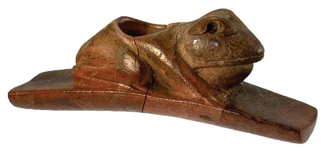 3 3/8" Hopewell Frog Effigy Pipe. Pipe #34 in Dr. Stan Copeland&#8217;s Collection.: 3 3/8" Hopewell Frog Effigy Pipe. Pipe #34 in Dr. Stan Copeland’s Collection. Broken & repaired.