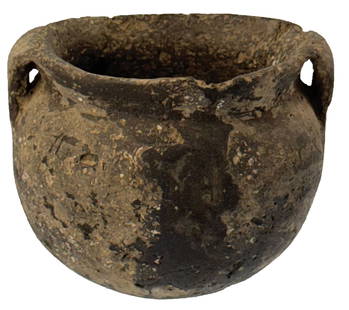 4 3/16" Strap Handle Jar. Restored. Gray Clay. Union County, Kentucky. Davis COA.: 4 3/16" Strap Handle Jar. Restored. Gray Clay. Union County, Kentucky. Ex Paul Ritcher Collection. T. Davis COA.