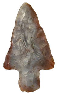 3" Adena. Mottled Gray, Cream and Orange Chert. Ohio. Ex Eugene White. Rogers COA.: 3" Adena. Mottled gray, cream and orange chert (Flintridge). Licking County, Ohio. Ex Eugene White and Paul Richter Collections. Rogers COA.