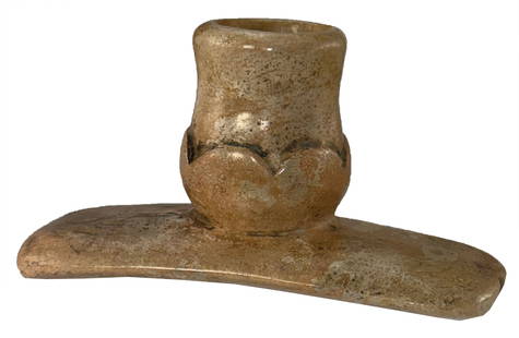 3 3/4" x 1 1/3" Hopewell Pipe. Medina County, Ohio. Ex W.A. Holmes and E.K. Petrie (10/71).: 3 3/4" x 1 1/3" Hopewell Pipe. Carved relief design. Medina County, Ohio. Formerly in the collections of W.A. Holmes and E.K. Petrie (10/71).