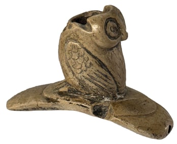 3 1/2" Owl Effigy Pipe. Broken & repaired. Miami County, Ohio. Ex Stan Copeland and R. Weick.