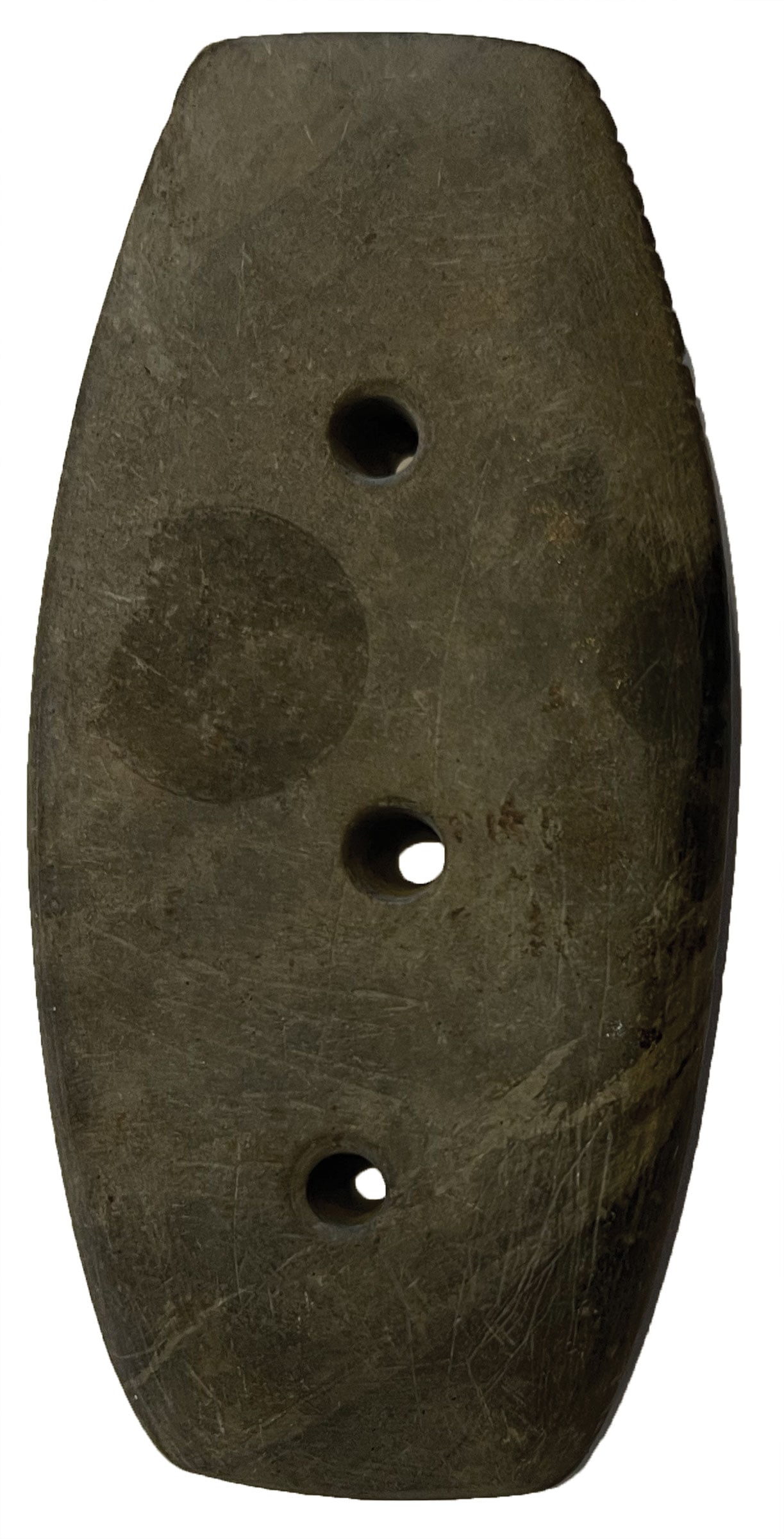 3 7/8” Three Hole Tallied Gorget. Indiana. Slate.  Ex-Ben Thompson, Ed (1 of 3)