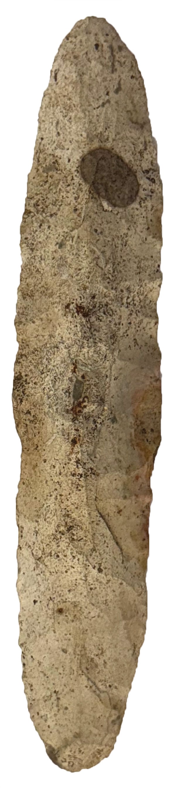 9 1/2" Bi-Points Knife. White/Grey Chert with red inclusion. Missouri. Ex Bob Croasdale. (1 of 2)