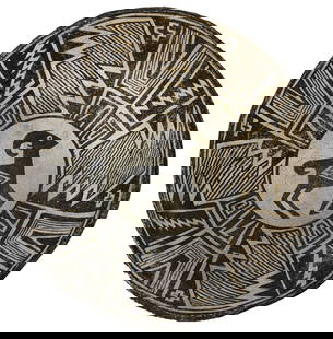 7 1/4&#8221; Mimbres Pottery Bowl. Mimbres Valley, New Mexico. Ex Daniel Wolf. Repaired.: 7 1/4&#8221; Mimbres Pottery Bowl. Mimbres Valley, New Mexico. Ex Robert Anderson and Daniel Wolf. Repaired from several large pieces.