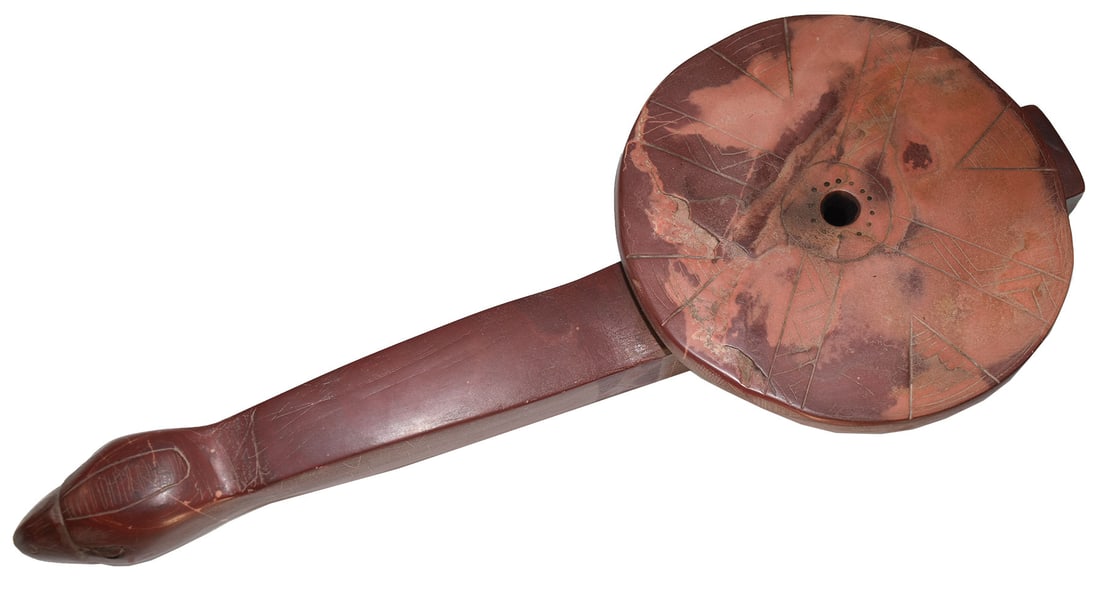 12 1/4" Historic Long Bird Catlinite Disk Pipe. Wosconsin. Ex Hajek and Blair Collections. (1 of 7)