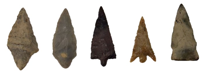 5 Small Birdpoints. 1 1/4” to 1 3/4”. Variety of Matieral and Styles. Ex Bob Croasdale.