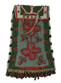 7 1/2” (with metal tinklers) Beaded Strike-A-Lite Bag. Early 1900’s. Ex Steve Switzer.