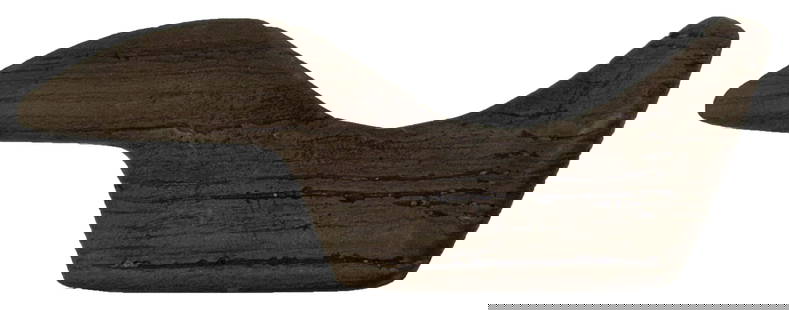 3 1/2" Fantail Type Birdstone. Banded Slate. Scioto County, Ohio. Berner and Davis COAs.: 3 1/2" Fantail Type Birdstone. Gray Green/Black Banded Slate. Posterior Perforation broken out. Recovered in Scioto County, Ohio. Pictured in Prehistoric American 2009 #4, p. 134 (Issue included w/pur