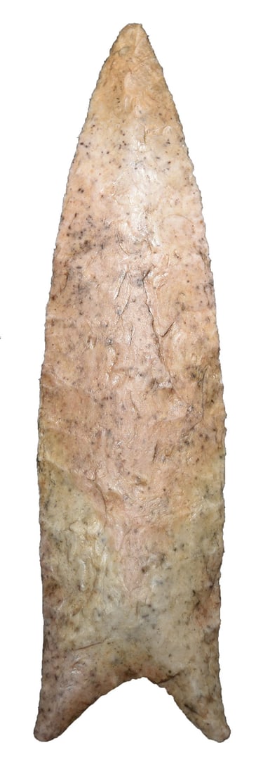 4 1/2” Dalton. Gray/Tan Chert. Illinois. Ex Earl Townsend, Clyde Townsend. Rogers COA.  (1 of 3)