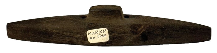 7 1/4" 2 Hole Greenstone Humped Center Boatstone Pendant. 2 Old labels. Tennessee.