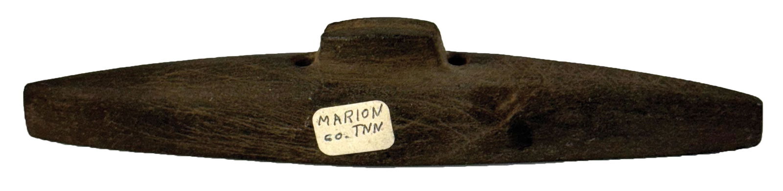 7 1/4" 2 Hole Greenstone Humped Center Boatstone Pendant. 2 Old labels. Tennessee. (1 of 6)