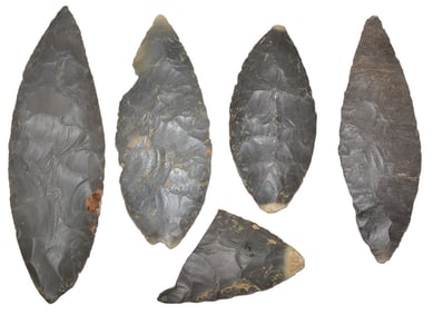 Cache of 4 Adena Blades and 1 piece (2 5/8”-5 3/8”). Hornstone. Ex Mike Spears. Rogers