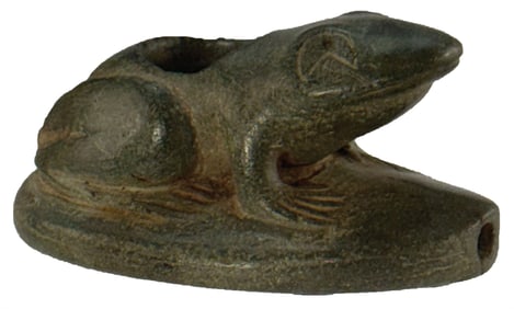 3 3/4" Frog Effigy Pipe. Scratchings/designs on bottom. Old label “202” on bottom.