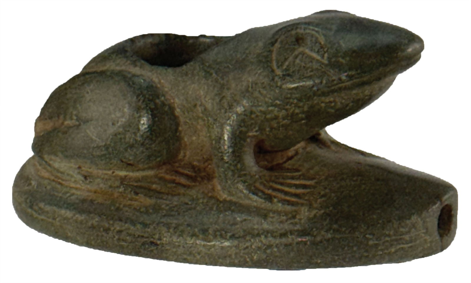 3 3/4" Frog Effigy Pipe. Scratchings/designs on bottom. Old label “202” on bottom. (1 of 8)