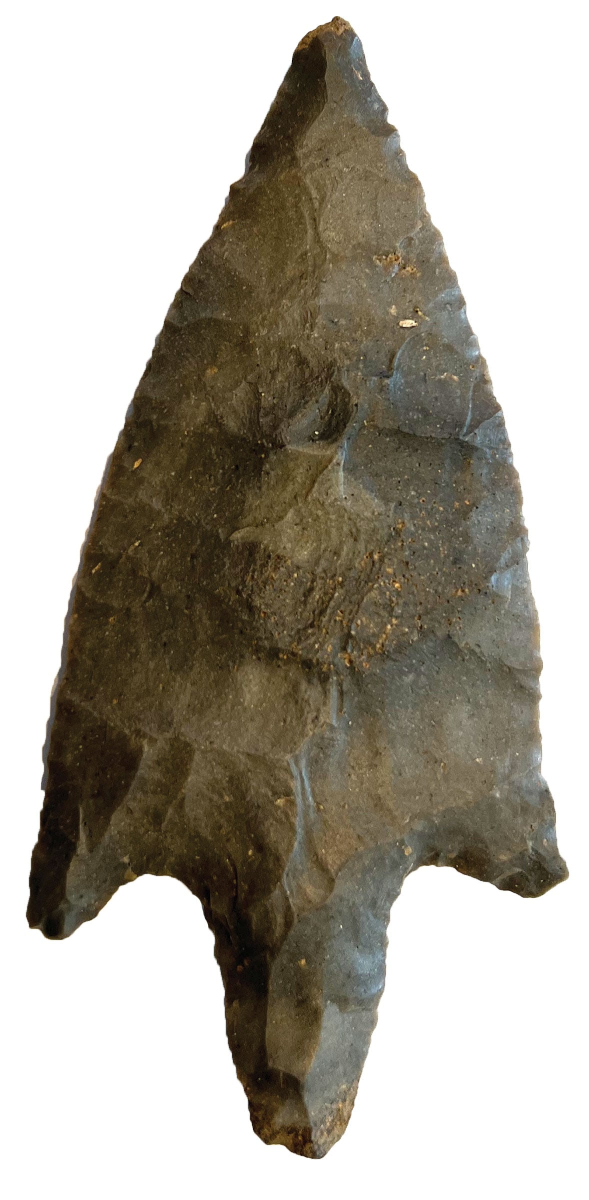4 9/16” Buck Creek. IN. Striped Hornstone. Ex-Doug Underwood, Rocky Hall and Gary Hale.: 4 9/16” Buck Creek. Miami County, IN. Finely flaked, very thin. Striped Hornstone. Slight impact to tip. Ex-Doug Underwood, Rocky Hall and Gary Hale.