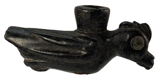 6 3/4" Bird Effigy Great Pipe. Todd County, Ohio. Woodpecker with crest. Ex Byron Anderson.