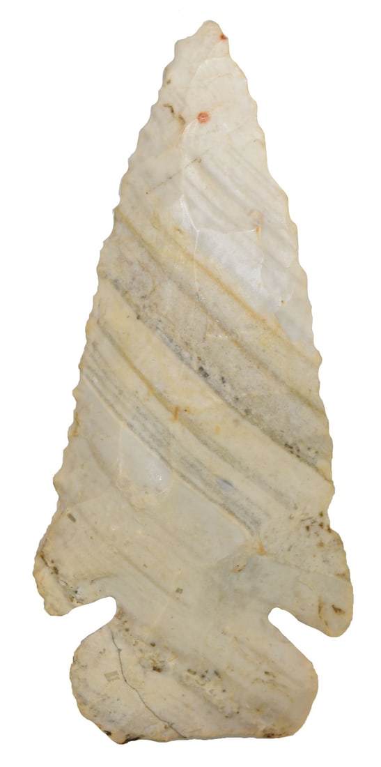 4” Thebes. Adams County, IL. Striped chert. Large with heavy bevel. Ex (1 of 2)