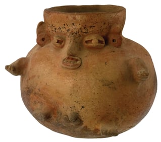 6 1/8" T. Human Effigy Jar. Pre Colombian. Tan and Red Pottery. T. Davis COA.
