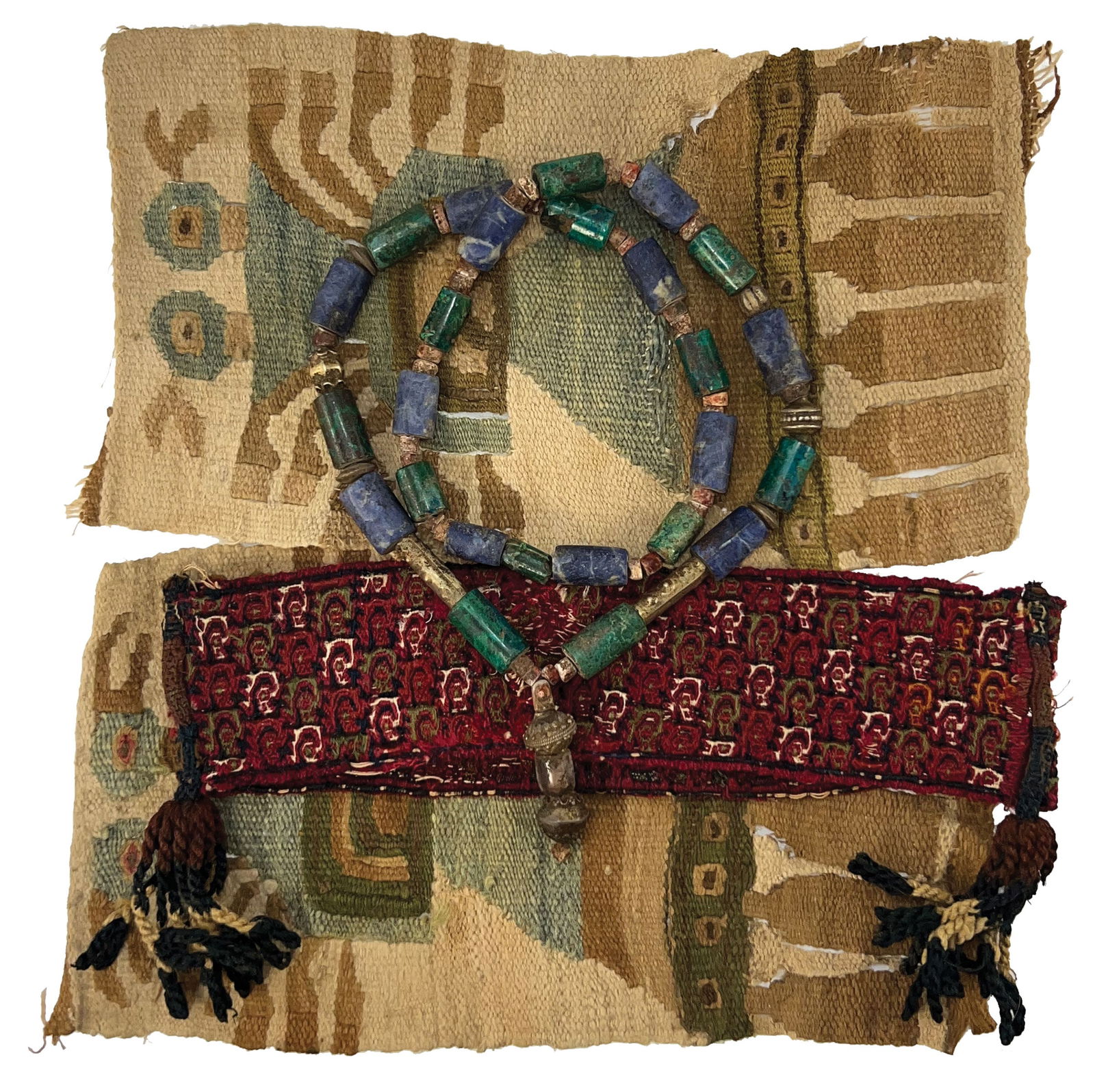 13 1/2”+/- Bead and Pewter necklace. Plus a cloth arm band and 2 pieces of textile: 13 1/2”+/- Bead and Pewter necklace. Plus a cloth arm band and 2 pieces of textile material. Ex Kevin Pipes.