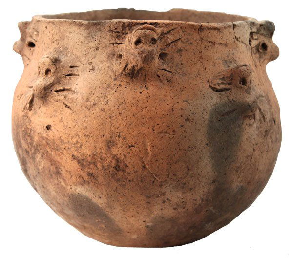 Blonde Jar with 8 Applique Heads. Fulton Co, KY: 97. 5” Diameter Jar. Eight applique heads around rim. Fulton Co, KY. Very fine condition with minor rim gluing. Ex-Kent Strange